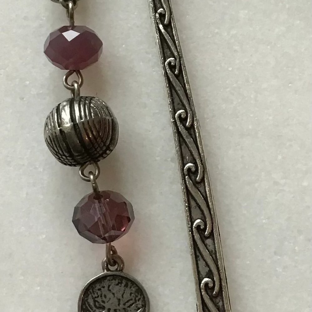 Tibetan Metal Bookmark Celtic Engraved‎ Silver and Purple Beaded Hook Bookmark